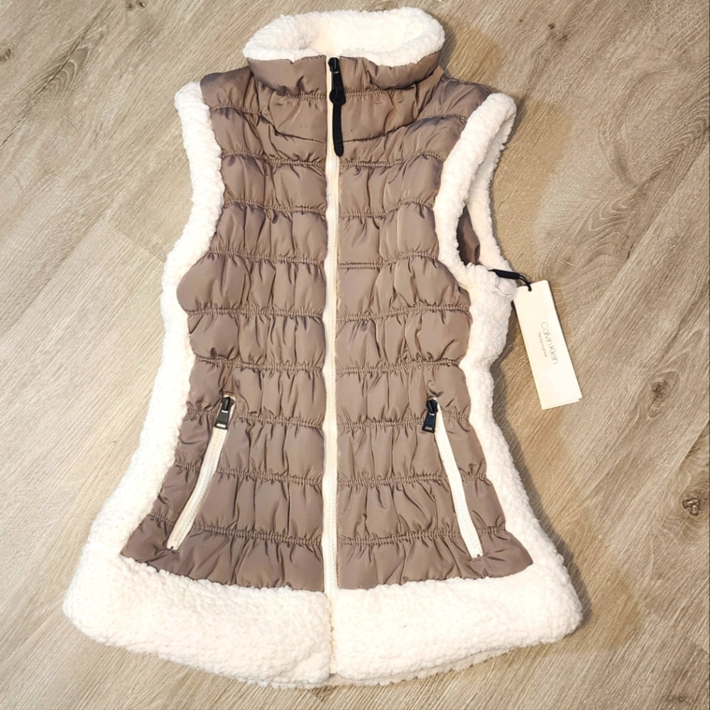 Calvin Klein Performance Taupe Puffer Vest with Cream Sherpa Trim
